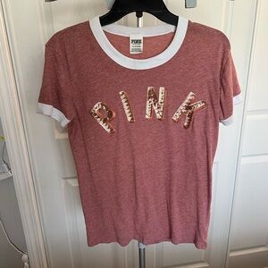 Victoria Secret Pink & White Sequins Short Sleeve Shirt Size Small NWOT